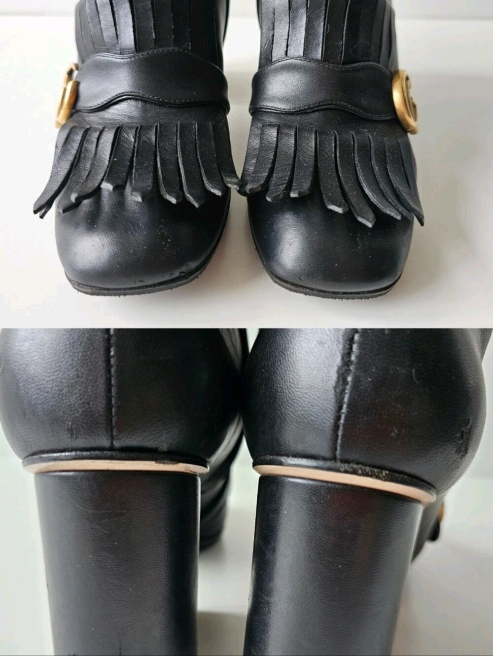 Gucci Marmont Gold GG Logo Black Leather Fringe Ankle Boots EU 38, US 7.5 - Picture 11 of 14